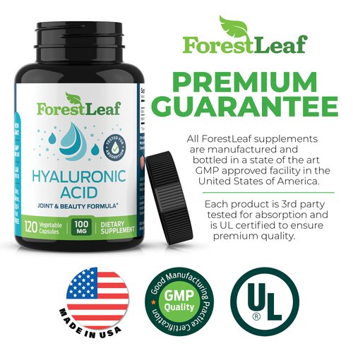 ForestLeaf - Hyaluronic Acid Supplements - 120 Vegetable Capsules - 100mg Dietary Hyaluronic Acid + 50mg Vitamin C Joint & Anti Aging Beauty Formula - Supports Skin Hydration, Joints, Bones & Hair