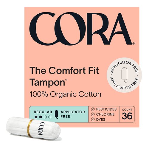 Cora 100% Organic Cotton Non-Applicator Tampons | Ultra-Absorbent, Unscented, Natural, Non-Toxic, Applicator Free | Eco-Conscious (36 Tampons)