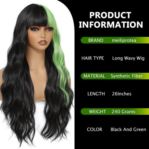 meiliprotea Half Black Half Green Wig with Bangs Long Wavy Costume Wig 26 Inches Green Highlight Curly Wavy Synthetic Wigs for Women Halloween Cosplay Party Show (Black and Green)