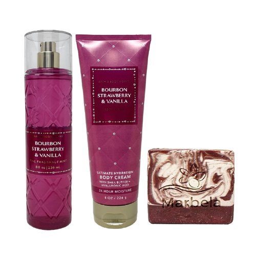 Bath & Body Works Bourbon Strawberry & Vanilla Fragrance Mist and Body Cream Set with a Cherry On Top Bar Soap - Full Size