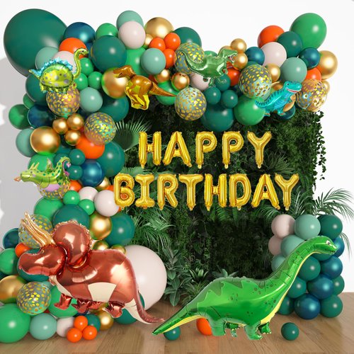 Amandir 167Pcs Dinosaur Balloons Arch Garland Kit, Sage Green Orange 8Pcs Dino Foil Balloons Happy Birthday Balloon for Jungle Safari Dinosaur Themed Party Baby Shower Decorations Supplies Kids Boys