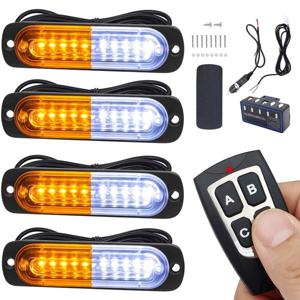 EASE2U E Led Strobe Lights for Trucks Vehicles Suvs,12-24v 4pcs Emergency Warning Caution Hazard Construction Slim Sync Feature Car with Main Control Surface Mount (White Amber)