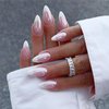 French Tips Fake Nails Medium Almond Press on Nails Chrome Press ons with Glossy Pearl Powder Full Cover Acrylic Nails with Glue on False Nails for Women Nails Decoration 24 Pcs