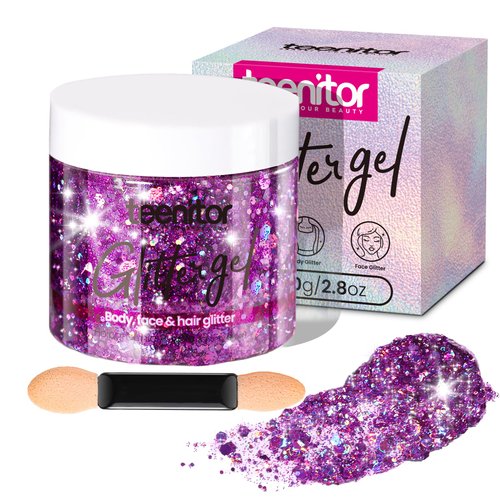 Teenitor Body Glitter, Face Glitter, Purple Glitter, 80g/2.8oz Face Body Glitter, Hair Glitter Gel, Makeup Rave Glitter, Holographic Glitter for Face and Body