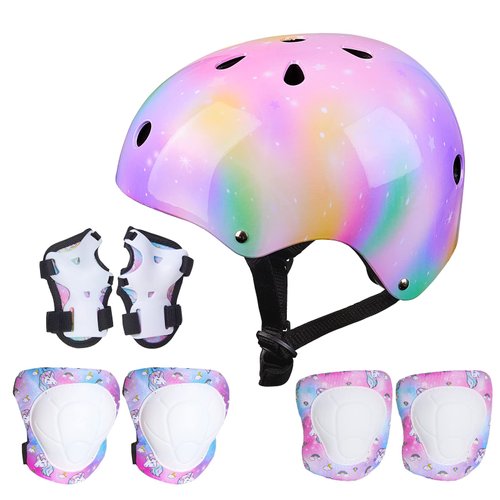 FIODAY Kids Helmet Knee Pads for Kids Unicorn Knee and Elbow Pads Wrist Guards Adjustable Protective Gear Set for Girls Boys Sports Skateboard Inline Skating Scooter, Colorful, 3-8 Years