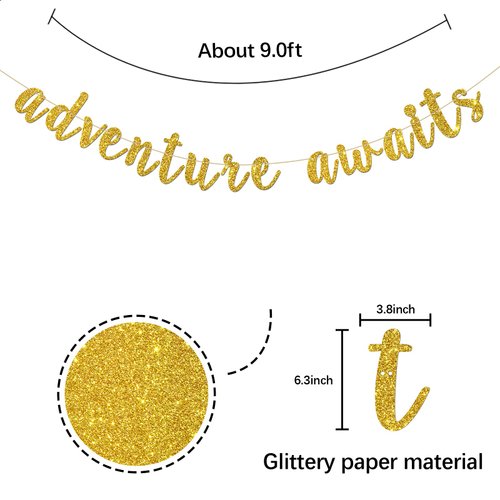 Adventure Awaits Banner, Wedding Engagement Party Bunting Decor, Congrats Grad, Birthday Retirement Sign Graduation Party Decorations Gold Glitter