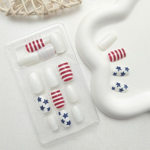 Independence Day Square Press on Nails Medium Fake Nails with Line Designs Red White Full Cover Acrylic Nails 4th of July Artificial Blue Star Nails for Women Girl 24 Pcs