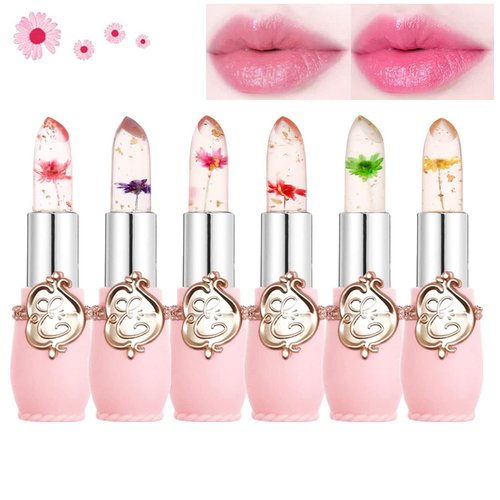 Btspring Clear Flower Jelly Lipstick, 6 Packs Nutritious Moisturizer Lip Balm Temperature Color Change Lipstick Matte Long Lasting Lip Gloss (Pink)