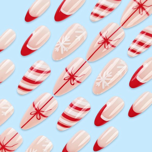 LPOODDNU Christmas Almond Press on Nails Red French Santa Hat Fake Nails White Snowflake Red Bow-knot Design Glossy False Nails Cute Stripe Pattern Christmas Glue on Nails Stick on Nails for Women
