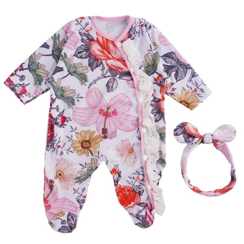 BABESIDE 2 Pcs Reborn Baby Doll Clothes with Doll Headband for 17-22 Inch Baby Dolls, Floral Patterns Baby Doll Accessories for Realistic Baby Dolls Girls, Pink