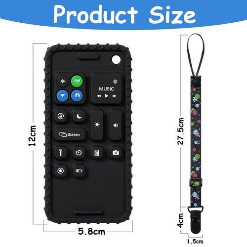 Aolso Silicone Baby Teething Toys, Cell Phone Teether Toys with Pacifier Clip, Baby Teething Toys for 0-12 Months, Baby Phone Chew Toys BPA Free/Freezable/Dishwasher and Refrigerator Safe(Black)