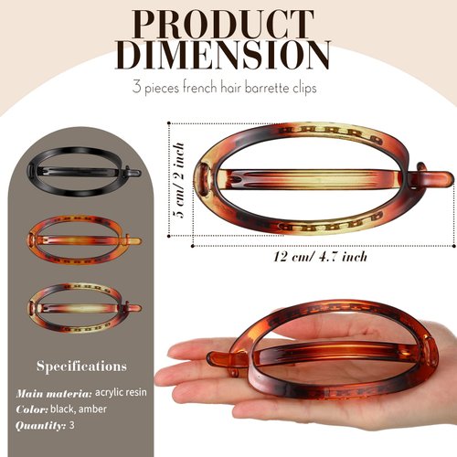 Yilloog 3 Pieces French Hair Barrette Clip French Clips Flexible Ponytail Holder Plain Strong Grip Closure Barrettes Styling No Metal Hair Accessories for Women Girls, 3 Colors (Oval Shape)