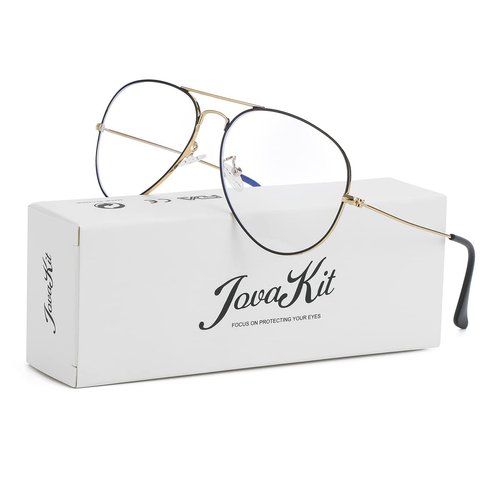 JOVAKIT Aviator Clear Lens Glasses for Women Men Non-prescription Eyeglasses Blue Light Blocking Lens Metal Frame (Black/Gold)