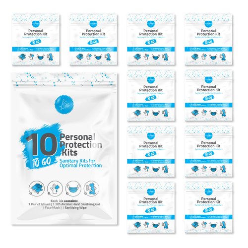 Personal Protection Kit TO GO, Mini 4 Item PPE Kit for travel and school | Includes 1 Each of Face Covering, Gloves, Cleansing Wipes & Hand Cleansing Gel | 10 - Pack (Light Blue)