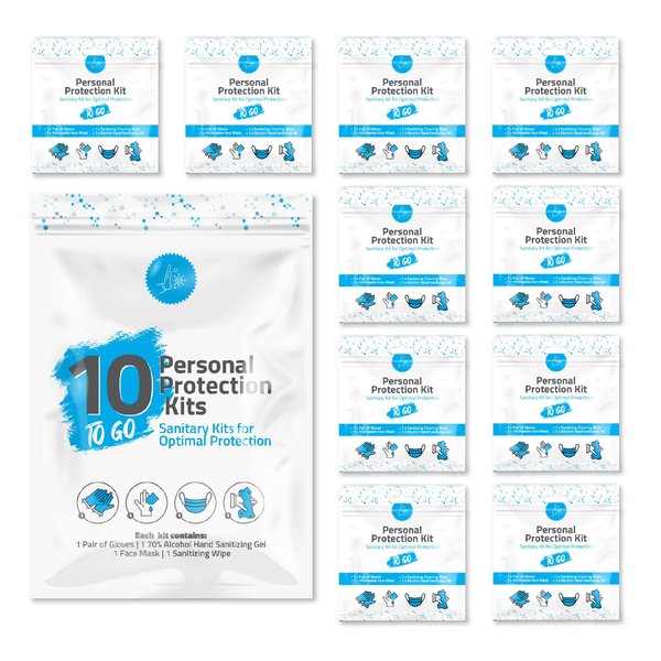 Personal Protection Kit TO GO, Mini 4 Item PPE Kit for travel and school | Includes 1 Each of Face Covering, Gloves, Cleansing Wipes & Hand Cleansing Gel | 10 - Pack (Light Blue)