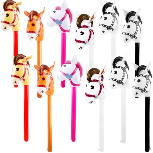 12 Pack Inflatable Stick Horse Bulk Colorful Inflatable Horsehead Stick Balloon Cute Blow Up Pony Stick for Kids Birthday Cowboy Horse Theme Party Supply, 6 Colors (Color Set 1)