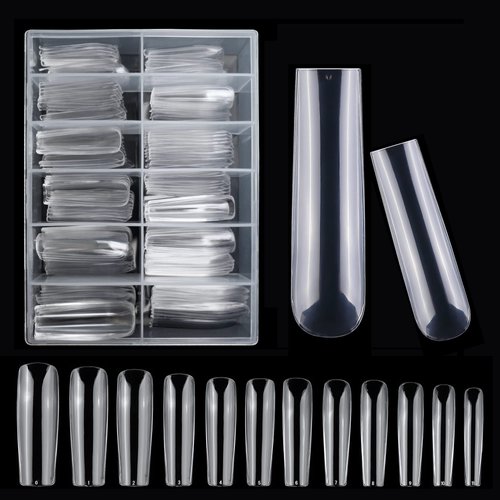 AddFavor 240pcs Tapered Square Nail Tips Clear XXL Extra Long Straight Sqaure Gel x Full Cover False Nail Tips for Acrylic Nail Art Salon and Home DIY Design