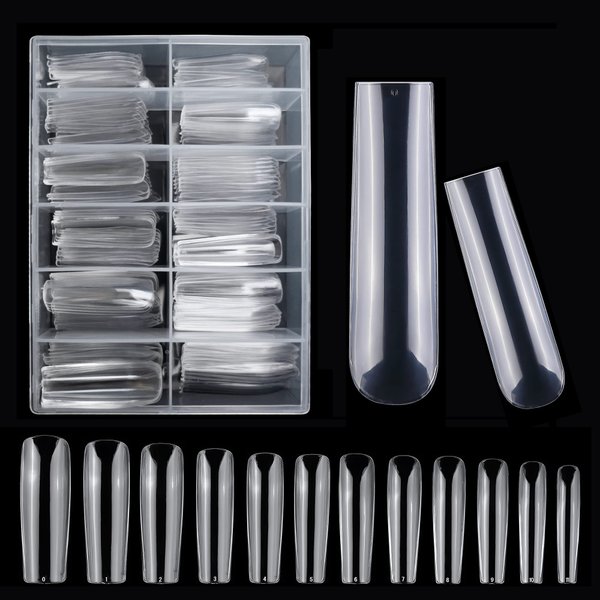 AddFavor 240pcs Tapered Square Nail Tips Clear XXL Extra Long Straight Sqaure Gel x Full Cover False Nail Tips for Acrylic Nail Art Salon and Home DIY Design