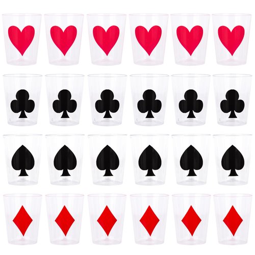 Casino Themed 1 Oz Plastic Shot Glasses - Set of 24 1 Oz Shot Cups - Durable Plastic Shot Glasses with Diamonds, Spades, Clubs, and Hearts Design - Casino Party Favors - Vegas Party Decorations