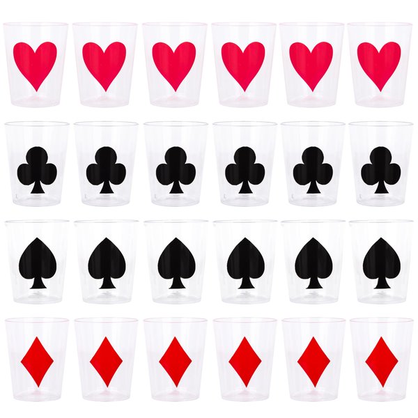Casino Themed 1 Oz Plastic Shot Glasses - Set of 24 1 Oz Shot Cups - Durable Plastic Shot Glasses with Diamonds, Spades, Clubs, and Hearts Design - Casino Party Favors - Vegas Party Decorations