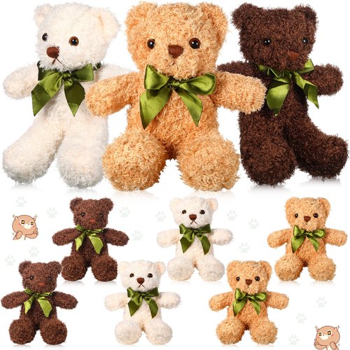 9 Pieces Cute Bear Stuffed Animals 10 Inch Soft Plush Stuffed Bears Toy Valentine's Day Gift Bulk with Bow Tie Kids Boys Girls Graduation Baby Shower Birthday Party Gift(Dark Brown, Golden, White)