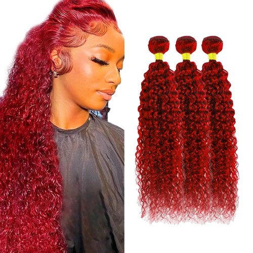 Red Human Hair Bundles Burgundy Kinky Curly Bundles Same Length 3 Bundles 16 16 16 Inch Grade 8A Brazilian Virgin Human Hair Extensions Burgundy Kinky Curly Human Hair Bundles