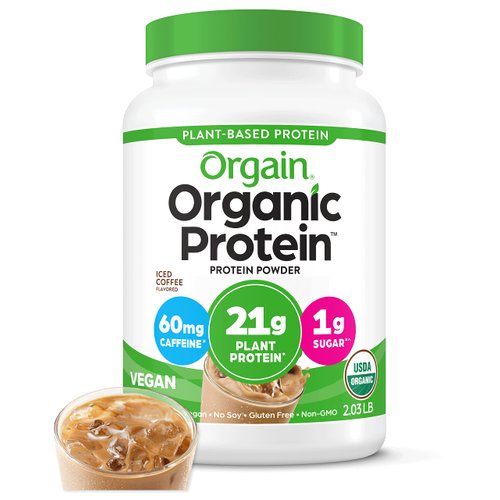 Orgain Organic Vegan Protein Powder, Iced Coffee - 21g Plant Protein, 60mg of Caffeine, Low Net Carb, No Lactose Ingredients, No Added Sugar, Non-GMO, For Shakes & Smoothies, 2.03 lb