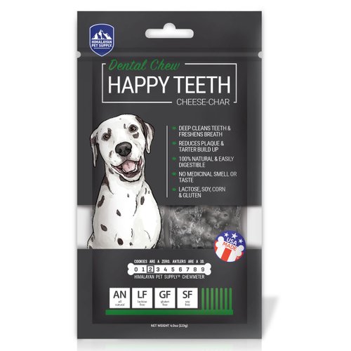 Happy Teeth Cheese & Charcoal Dental Dog Chews | Cheese Flavor with Activated Charcoal | Dental Chew | Protein Rich | Gluten Free - Lactose Free - Wheat Free - Soy Free| 2 Chews per Resealable Pouch