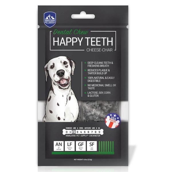 Happy Teeth Cheese & Charcoal Dental Dog Chews | Cheese Flavor with Activated Charcoal | Dental Chew | Protein Rich | Gluten Free - Lactose Free - Wheat Free - Soy Free| 2 Chews per Resealable Pouch