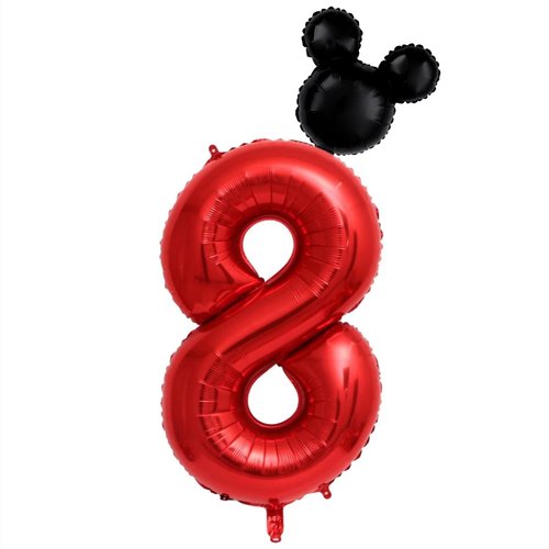 40 Inch Red Number 8 Balloons With Mini Mouse Head Balloon, 8th Birthday Decoration Balloons, Cartoon Mouse Birthday Party Supplies, Red Black Theme Party Decorations. (Red 8)