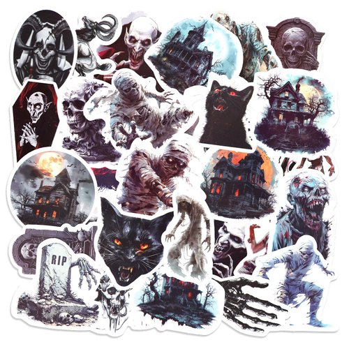 50pcs Non Repeating Halloween Stickers, Halloween Horror Scary Bloody Skull Stickers Pumpkin Theme Decals Halloween Water Bottle Craft Scrapbook Stickers for Kids Adults Halloween Party Favors Gifts