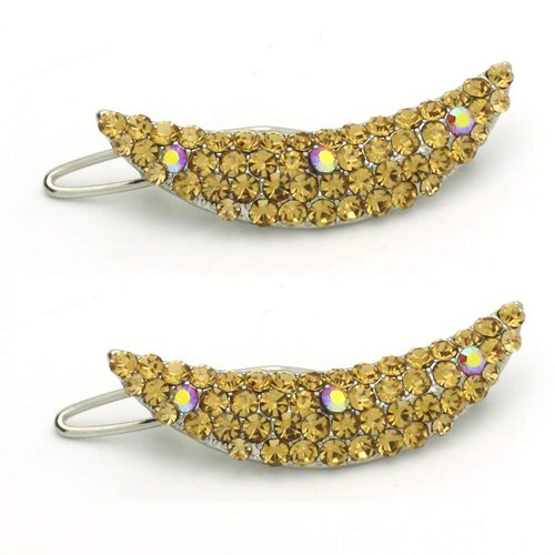 Decorative Hair Clip Moon Crescent Rhinestone Crystal Hair Barrette, Set of Two, Light Brown