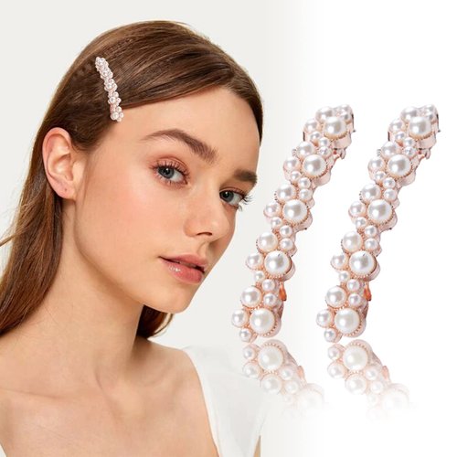AEGYPIUS Pearl Hair Clips, 2Pcs 7cm x 1cm Set - Handmade Gold Snap Barrettes - Ideal for Thick Hair & Styling - Metal Alloy