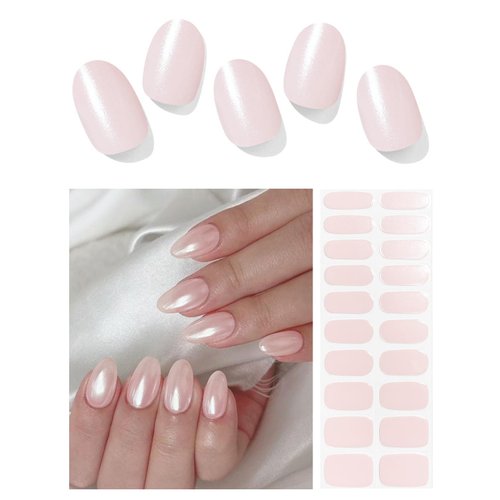 Wahrshei Semi Cured Gel Nail Strips | 20pcs Pink Pearl Shimmer Gel Nail Stickers UV | Semi Cured Gel Nail Wraps for Home Nails DIY
