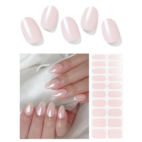 Wahrshei Semi Cured Gel Nail Strips | 20pcs Pink Pearl Shimmer Gel Nail Stickers UV | Semi Cured Gel Nail Wraps for Home Nails DIY