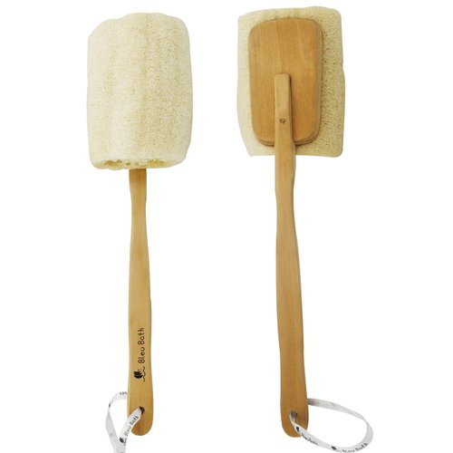 Bleu Bath (2 Pack) Exfoliating Loofah Back Brush Dry Body Brush in 100% Natural and Organic Luffa with Long Wooden Handle Fixed, Scrubber Brush for Men and Women or Even Sensitive Skin