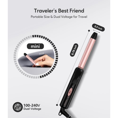 Travel Size Curling Iron Dual Voltage, Mini Curling Iron for Short Hair with 1/2 Inch Barrel, Ceramic Mini Hair Curler with Keratin&Argan Oil Infused, Travel Hair Curler with Storage Bag