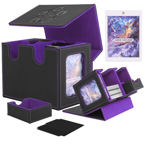 YAXAZA MTG Deck Box with Commander Display Window, Fits 200+ Double-Sleeved Cards, Strong Magnetic PU Leather Card Deck Case with 2 Dividers, 1 Toploader, and Dice Tray(Black &Purple)