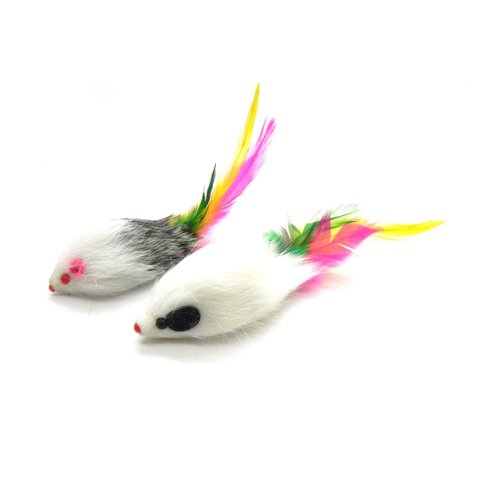 Kats'N Us Real Rabbit Fur Long Hair Feather Tail Mouse Cat Toy - 2pk