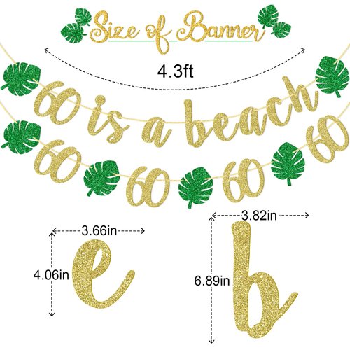60 is a Beach Banner, Happy 60th Birthday Banner, 60th Beach Birthday Party Decorations, Summer Birthday Party Decorations, Beach Theme Party Supplies (Gold Glitter)