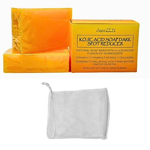 Aqua ZEN Kojic Acid Soap Dark Spot Remover with Turmeric, Vitamin C+E, Retinol, Collagen - (2) Bars X 3.5OZ EA+Soap Net - Premium Compound Infused w/Hyaluronic Acid, Shea Butter, Castile Olive Oil