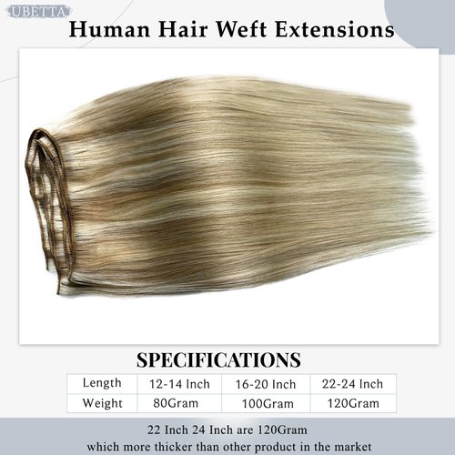 Sew in Hair Extensions Real Human Hair, 16 Inch 100G Weft Hair Extensions Human Hair, Balayage Ash Blonde to Blonde Highlights Hand Tied Weft Hair Extensions Human Hair Bundles Sew in Weft Extensions