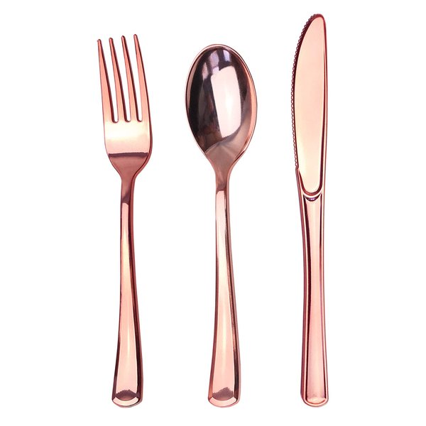 JL Prime 75 Piece Rose Gold Plastic Silverware Set, Re-Usable Recyclable Plastic Cutlery, 25 Forks, 25 Spoons, 25 Knives, Great for Wedding, Anniversary, Rehearsal, Shower Events