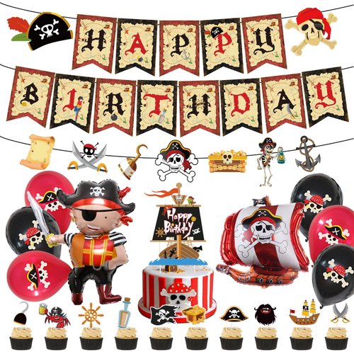 Chilfamy Pirate Party Decorations, Pirate Theme Party Supplies with Happy Birthday Banner, Pirate Garland Signs, Cake Toppers, Pirate Captain Ship Balloons Set for Adults Kids Pirate Party Favors