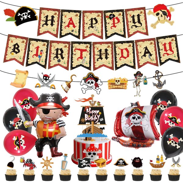 Chilfamy Pirate Party Decorations, Pirate Theme Party Supplies with Happy Birthday Banner, Pirate Garland Signs, Cake Toppers, Pirate Captain Ship Balloons Set for Adults Kids Pirate Party Favors