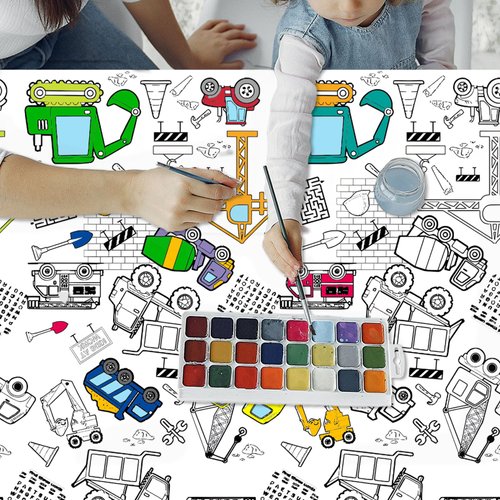 Construction Coloring Table Cloth, 102x55in Kids Truck Coloring Poster Giant Construction Theme Table Cover Construction Vehicle Painting Tablecloth for Children Birthday Party Decorations Supplies