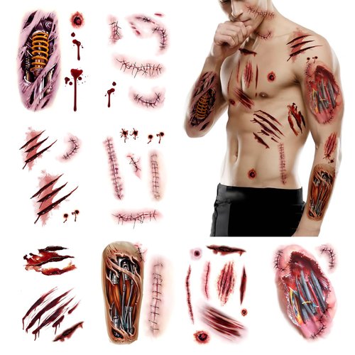 8 sheets，Scar Tattoo Stickers for Halloween, Realistic Bloody Wound Designs，Temporary tattoos for...