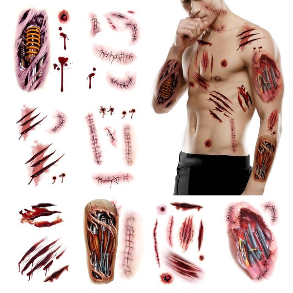 8 sheets，Scar Tattoo Stickers for Halloween, Realistic Bloody Wound Designs，Temporary tattoos for adult men and women，fake tattoos Scar，Roarhowl