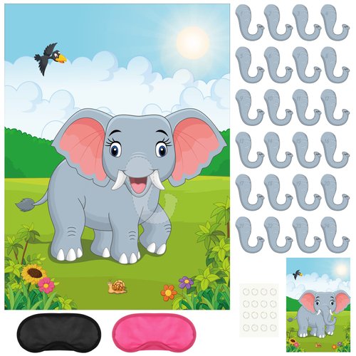 PLULON Pin The Nose on The Elephant Party Game with Elephant Nose Stickers for Kids Birthday Party Supplies, Animal Party Carnival Party Supplies