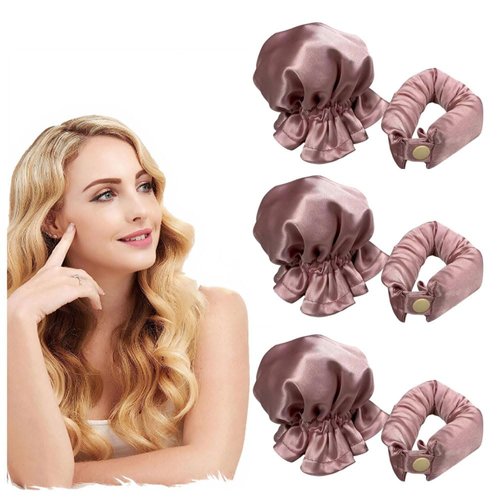 Miyinla Satin Heatless Hair Curler, 6PCS Hair Rollers for Heatless Curls with Hair Caps, Curling Set for Sleep in Overnight, Lotus Root Powder Color